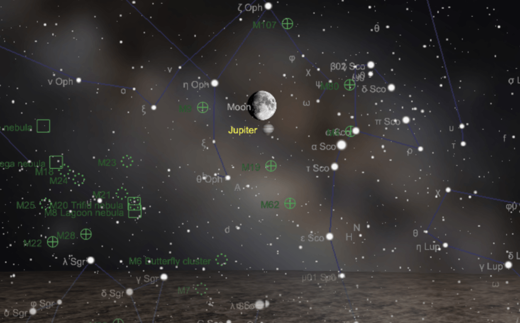 La Lune et Jupiter vues de Paris, le 13 juillet 2019 à 21h. // Source : Capture d'écran The Sky Live La Lune et Jupiter vues de Paris, le 13 juillet 2019 à 21h. // Source : Capture d'écran The Sky Live
