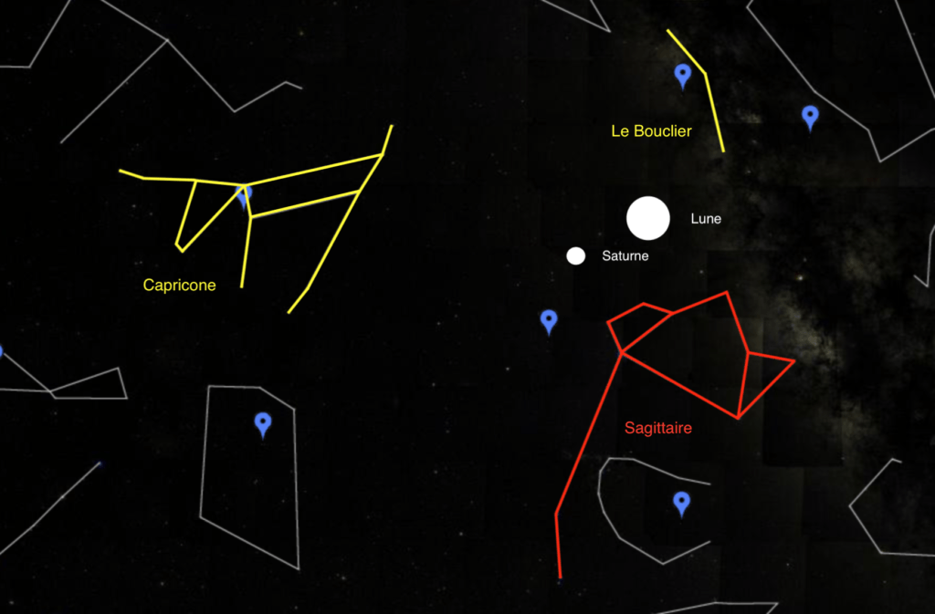 La rencontre entre la Lune et Saturne, à minuit le 16 juillet 2019, vu de Paris. // Source : Capture d'écran Google Sky, annotations Numerama La rencontre entre la Lune et Saturne, à minuit le 16 juillet 2019, vu de Paris. // Source : Capture d'écran Google Sky, annotations Numerama