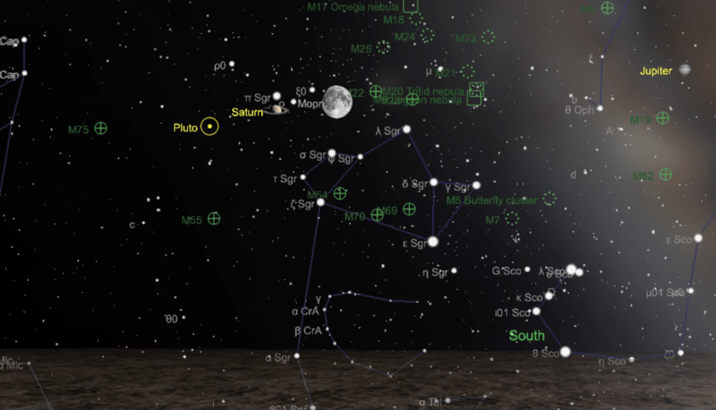 La Lune et Saturne vues depuis Paris à minuit le 16 juillet 2019. // Source : Capture d'écran The Sky Live La Lune et Saturne vues depuis Paris à minuit le 16 juillet 2019. // Source : Capture d'écran The Sky Live