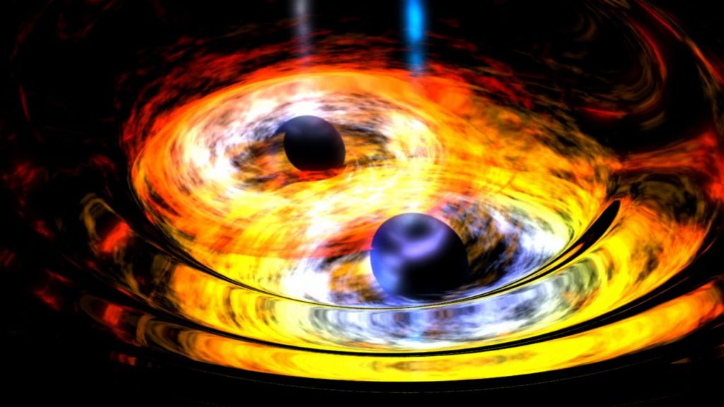 Deux trous noirs sur le point de fusionner. // Source : Wikimedia/CC/NASA Deux trous noirs sur le point de fusionner. // Source : Wikimedia/CC/NASA