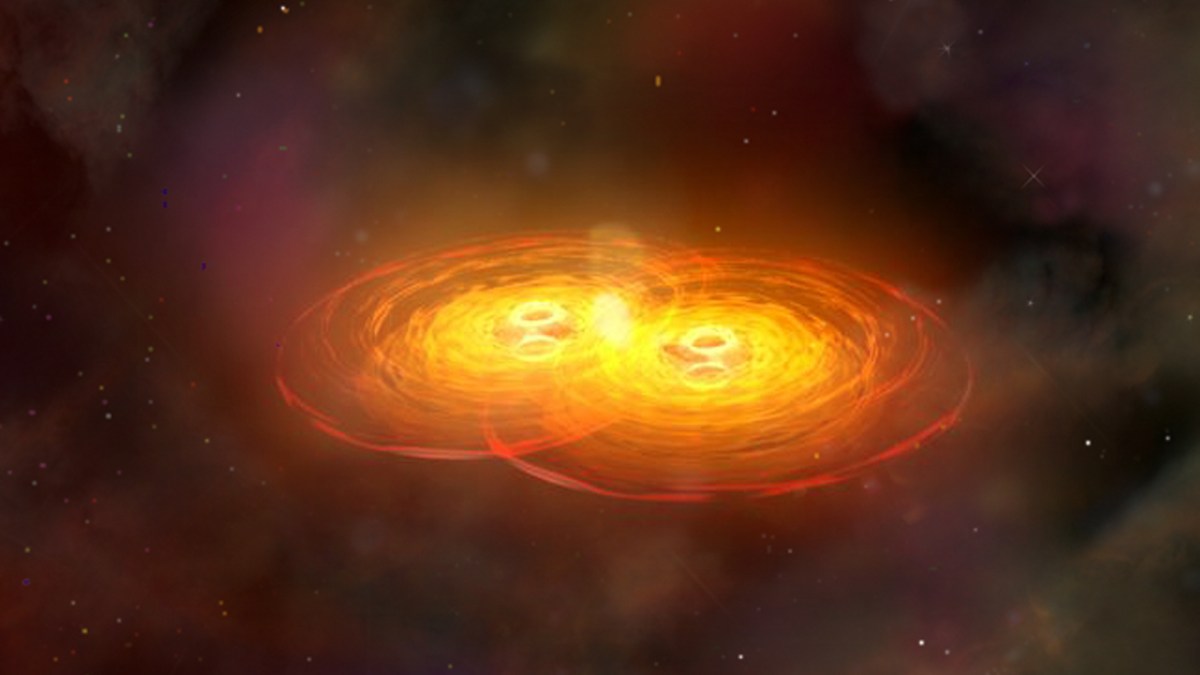 La fusion de deux trous noirs. // Source : Wikimedia/CC/NASA/CXC/A.Hobart (photo recadrée) La fusion de deux trous noirs. // Source : Wikimedia/CC/NASA/CXC/A.Hobart (photo recadrée)