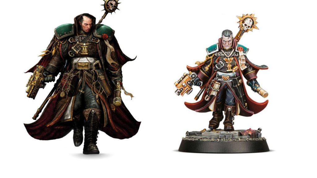 Une vision d'artiste de Gregor Eisenhorn et sa figurine dans Warhammer 40 000. // Source : Warhammer Community Une vision d'artiste de Gregor Eisenhorn et sa figurine dans Warhammer 40 000. // Source : Warhammer Community