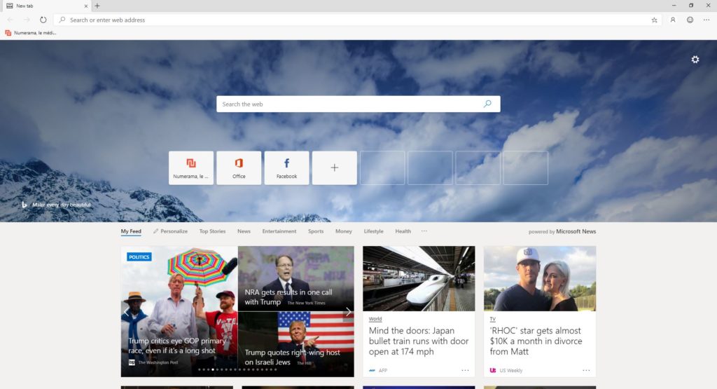 La page d'accueil de Microsoft Edge. La page d'accueil de Microsoft Edge.