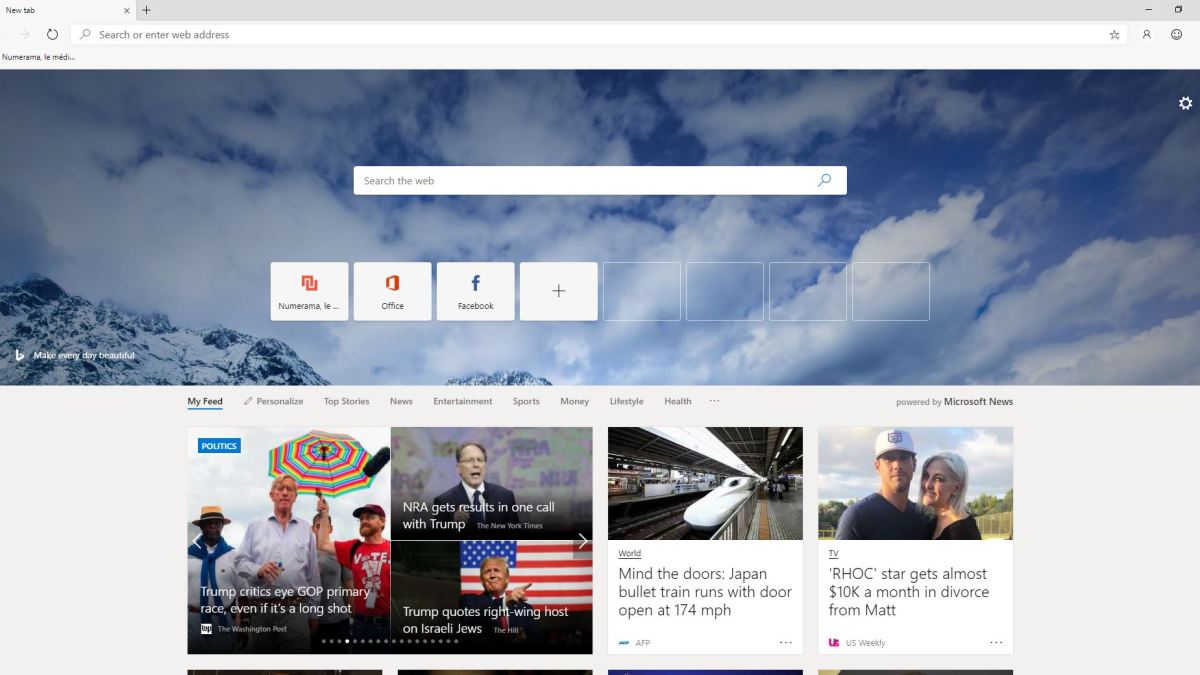 La page d'accueil de Microsoft Edge. La page d'accueil de Microsoft Edge.