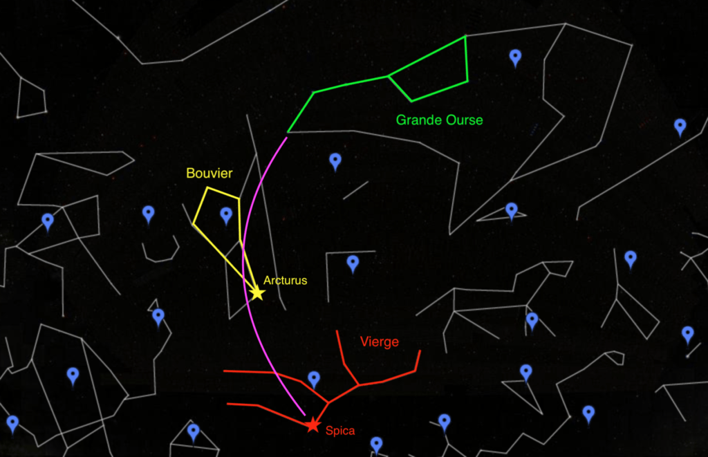 Suivez l'arc de cercle imaginaire rose pour trouver la Vierge depuis la Grande Ourse. // Source : Capture d'écran Google Sky, annotations Numerama Suivez l'arc de cercle imaginaire rose pour trouver la Vierge depuis la Grande Ourse. // Source : Capture d'écran Google Sky, annotations Numerama