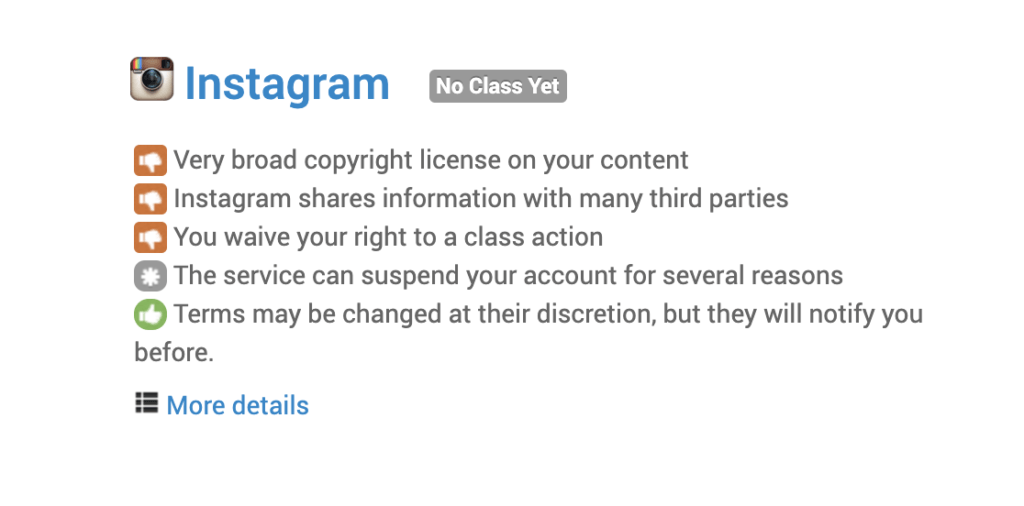 Instagram sur TOS;DR // Source : TOS;DR