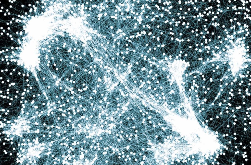 Les gènes sont soumis à de nombreuses interactions. Sur cette illustration, les gènes sont représentés par les points, et les interactions par les filaments qui les relient. // Source : ETH Zurich / Carlo Cosimo Campa Les gènes sont soumis à de nombreuses interactions. Sur cette illustration, les gènes sont représentés par les points, et les interactions par les filaments qui les relient. // Source : ETH Zurich / Carlo Cosimo Campa