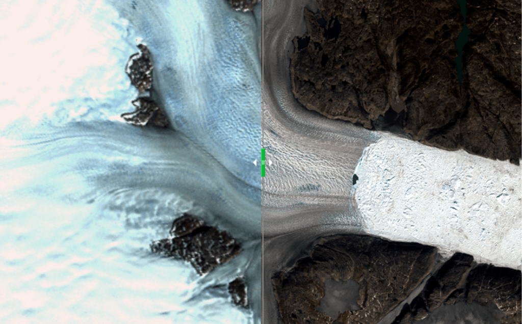 Un détail de l'image, sur le glacier d'Helheim. // Source : Capture d'écran, NASA/ Chris Shuman Un détail de l'image, sur le glacier d'Helheim. // Source : Capture d'écran, NASA/ Chris Shuman