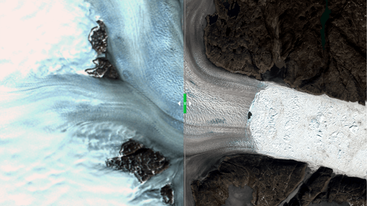Un détail de l'image, sur le glacier d'Helheim. // Source : Capture d'écran, NASA/ Chris Shuman Un détail de l'image, sur le glacier d'Helheim. // Source : Capture d'écran, NASA/ Chris Shuman