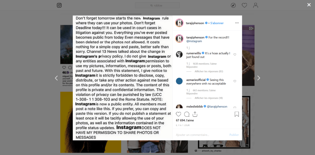 Capture de l'hoax sur le compte Instagram d'une actrice suivie par 14,5 millions de personnes.