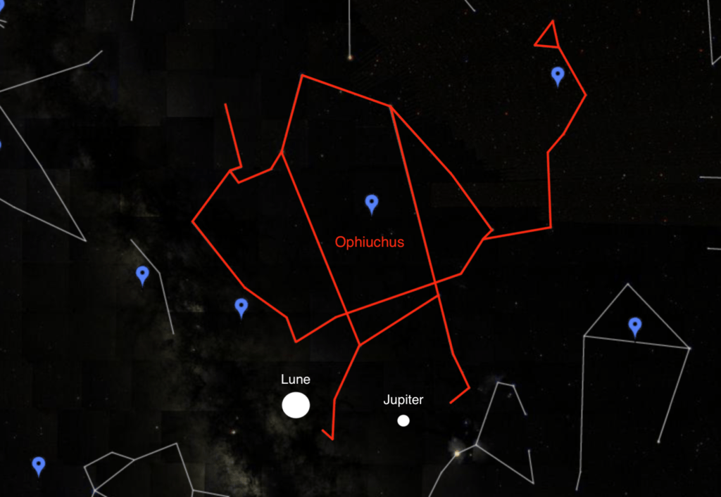 Jupiter et Saturne dans le ciel du 10 août 2019 à 21h30, vu de Paris. // Source : Capture d'écran Google Sky, annotations Numerama Jupiter et Saturne dans le ciel du 10 août 2019 à 21h30, vu de Paris. // Source : Capture d'écran Google Sky, annotations Numerama