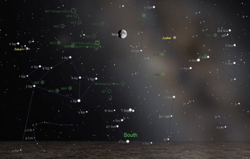 Jupiter à proximité de la Lune, vue de Paris le 10 août 2019 à 22h. // Source : Capture d'écran The Sky Live Jupiter à proximité de la Lune, vue de Paris le 10 août 2019 à 22h. // Source : Capture d'écran The Sky Live