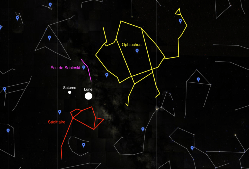 La Lune et Saturne, vu de Paris le 11 août 2019 à 23h30. // Source : Capture d'écran Google Sky, annotations Numerama La Lune et Saturne, vu de Paris le 11 août 2019 à 23h30. // Source : Capture d'écran Google Sky, annotations Numerama