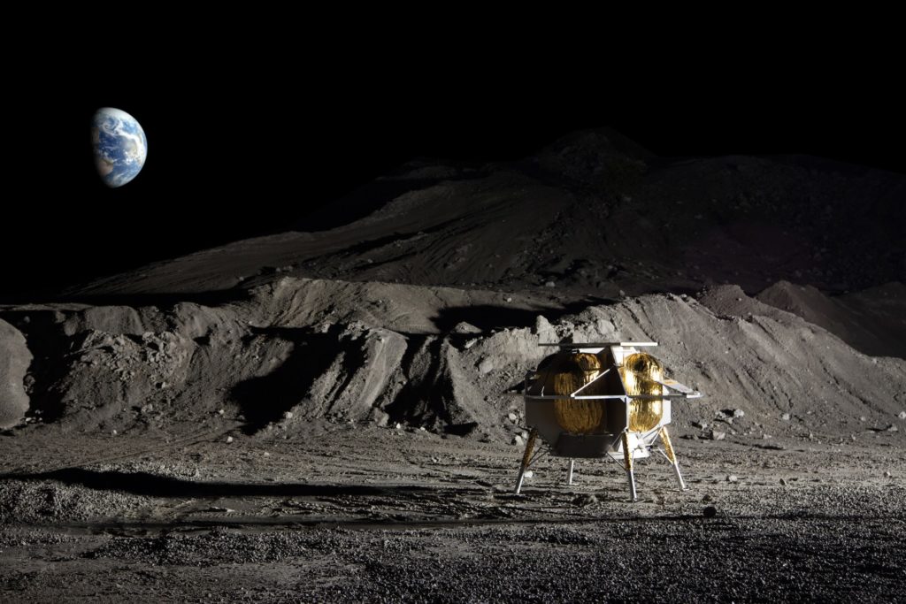 Illustration : l'atterrisseur lunaire Peregrine sur la surface de la Lune. // Source : Astrobotic Illustration : l'atterrisseur lunaire Peregrine sur la surface de la Lune. // Source : Astrobotic
