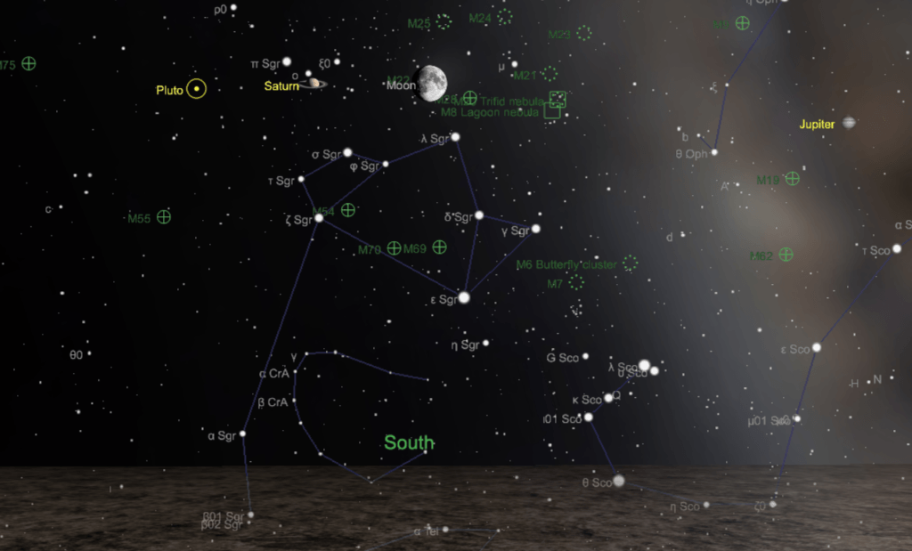 Saturne et la Lune, vu de Paris le 11 août 2019 à 23h. // Source : Capture d'écran The Sky Live Saturne et la Lune, vu de Paris le 11 août 2019 à 23h. // Source : Capture d'écran The Sky Live