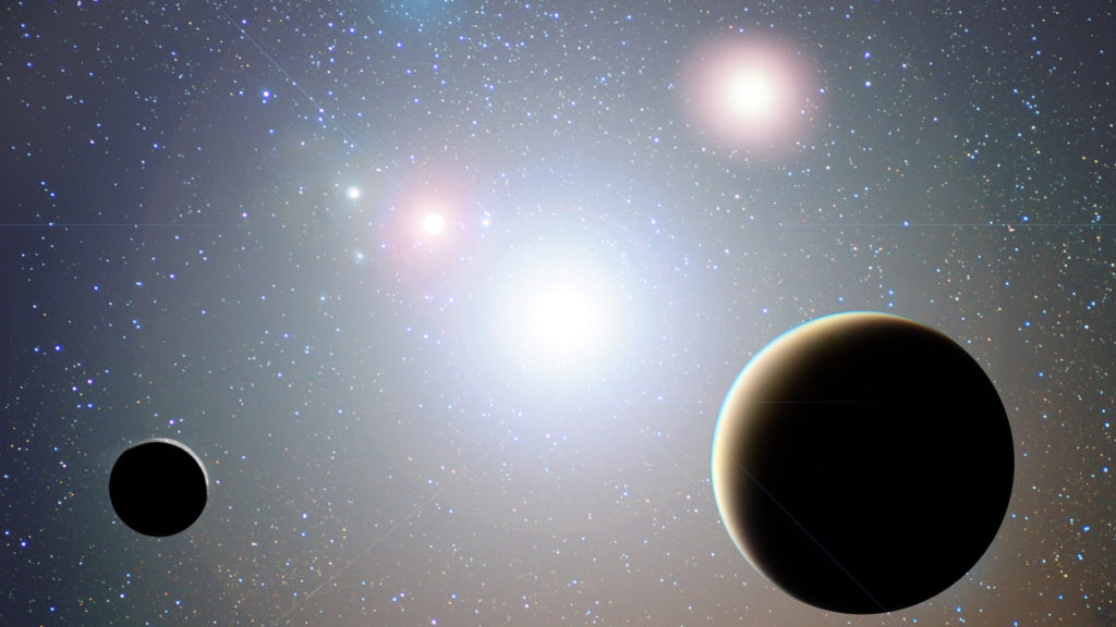 Une planète et sa lune dans un système à 3 étoiles. // Source : Flickr/CC/Maxwell Hamilton (photo recadrée) Une planète et sa lune dans un système à 3 étoiles. // Source : Flickr/CC/Maxwell Hamilton (photo recadrée)