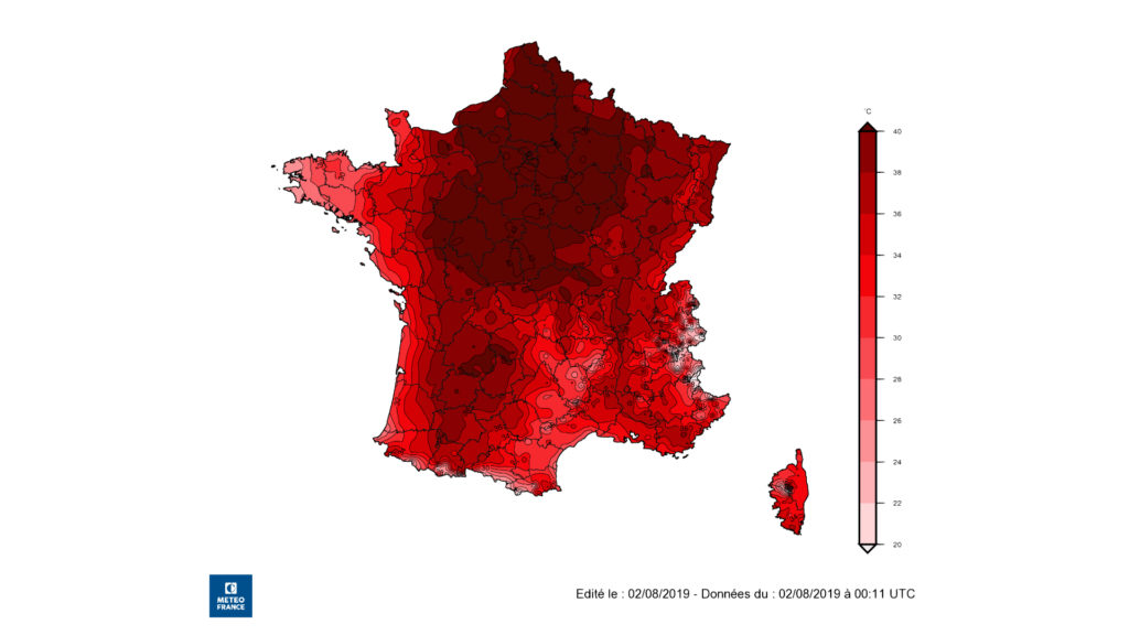 La température maximale quotidienne (25 juillet 2019). // Source : Météo France (photo recadrée) La température maximale quotidienne (25 juillet 2019). // Source : Météo France (photo recadrée)