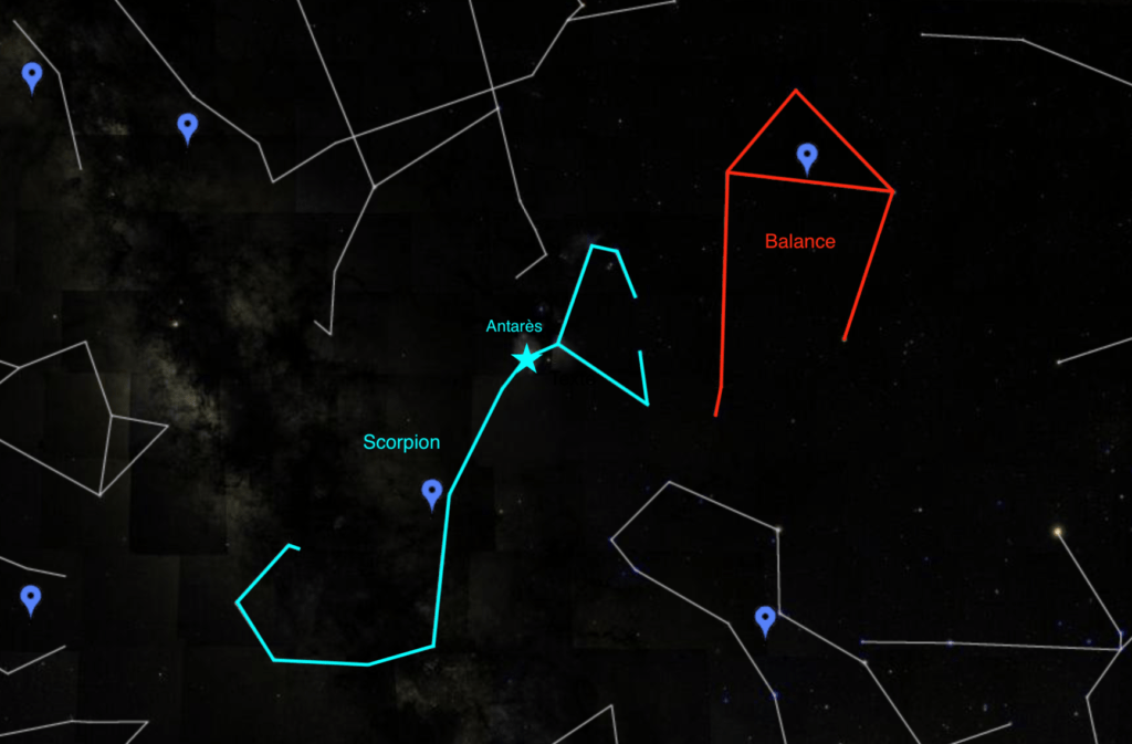 La constellation de la Balance se repère à l'aide de la constellation du Scorpion. // Source : Capture d'écran Google Sky (annotations Numerama) La constellation de la Balance se repère à l'aide de la constellation du Scorpion. // Source : Capture d'écran Google Sky (annotations Numerama)