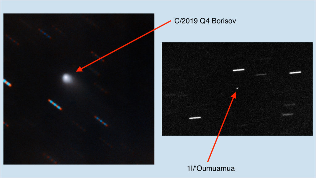 La comète est à gauche, Oumuamua est à droite. // Source : NASA; Alan Fitzsimmons (ARC, Queen's University Belfast), Isaac Newton Group, Gemini Observatory/NSF/AURA, annotations Numerama La comète est à gauche, Oumuamua est à droite. // Source : NASA; Alan Fitzsimmons (ARC, Queen's University Belfast), Isaac Newton Group, Gemini Observatory/NSF/AURA, annotations Numerama