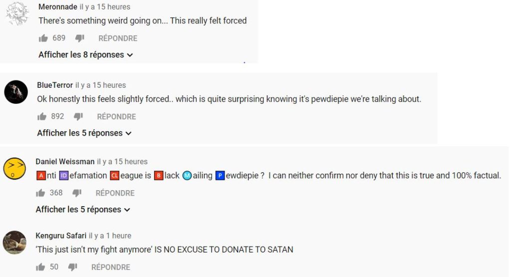 Des commentaires publiés sous la vidéo. // Source : Capture d'écran YouTube Des commentaires publiés sous la vidéo. // Source : Capture d'écran YouTube