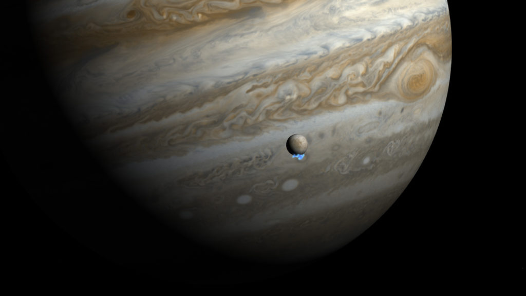 Jupiter derrière sa lune Europe. // Source : Wikimedia/CC/NASA, ESA, and M. Kornmesser. Science Credit: NASA, ESA, L. Roth (Southwest Research Institute and University of Cologne, Germany), J. Saur (University of Cologne, Germany), K. Retherford (Southwest Research Institute), D. Strobel and P. Feldman (Johns Hopkins University), M. McGrath (Marshall Space Flight Center), and F. Nimmo (University of California, Santa Cruz) (photo recadrée) Jupiter derrière sa lune Europe. // Source : Wikimedia/CC/NASA, ESA, and M. Kornmesser. Science Credit: NASA, ESA, L. Roth (Southwest Research Institute and University of Cologne, Germany), J. Saur (University of Cologne, Germany), K. Retherford (Southwest Research Institute), D. Strobel and P. Feldman (Johns Hopkins University), M. McGrath (Marshall Space Flight Center), and F. Nimmo (University of California, Santa Cruz) (photo recadrée)
