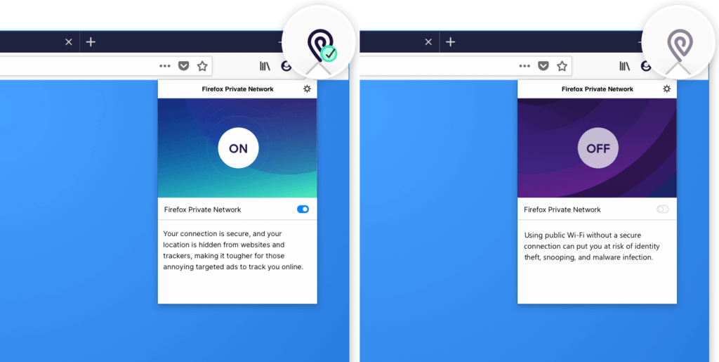 Le FPN actif et inactif, intégré à Firefox. // Source : Mozilla Le FPN actif et inactif, intégré à Firefox. // Source : Mozilla