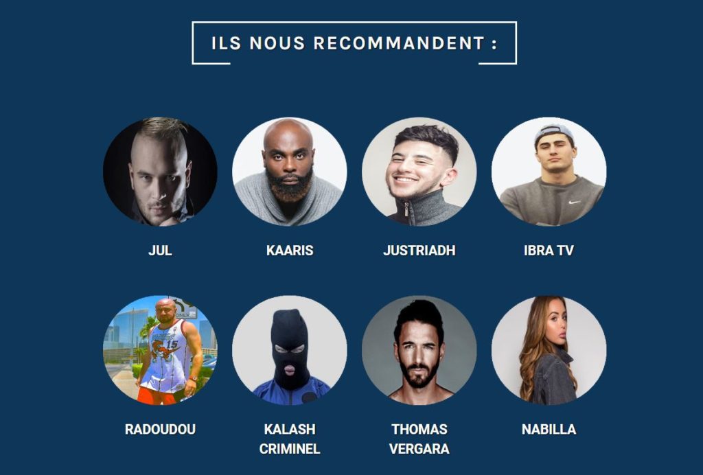 Des chanteurs, stars de télé-réalité ou youtubeurs recommandent le site. // Source : Capture d'écran / Lpf pronos Des chanteurs, stars de télé-réalité ou youtubeurs recommandent le site. // Source : Capture d'écran / Lpf pronos