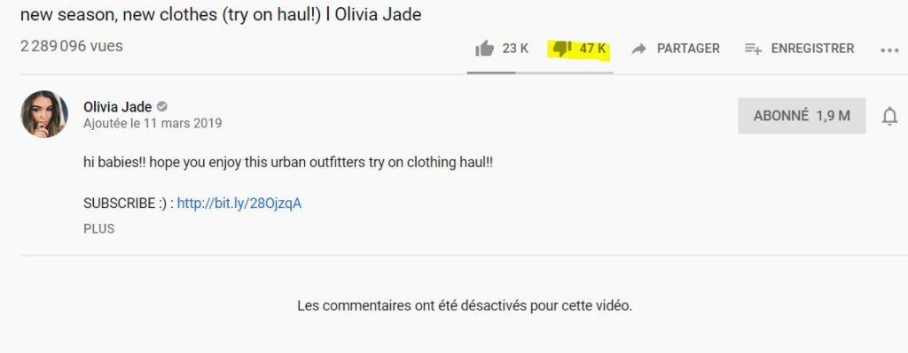 Ses vidéos ont presque deux fois plus de pouces vers le bas que l'inverse. // Source : Capture d'écran YouTube / Olivia Jade Ses vidéos ont presque deux fois plus de pouces vers le bas que l'inverse. // Source : Capture d'écran YouTube / Olivia Jade