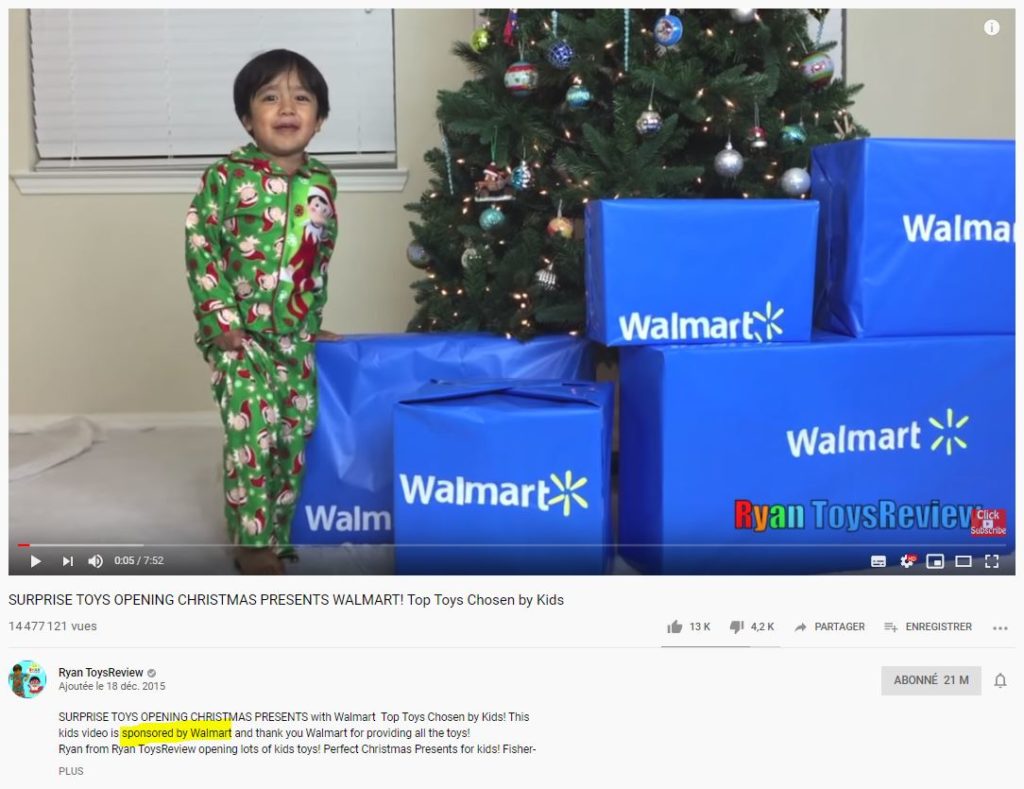 Une vidéo sponsorisée. // Source : Capture d'écran YouTube / Ryan ToysReview Une vidéo sponsorisée. // Source : Capture d'écran YouTube / Ryan ToysReview