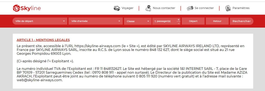Extrait du site de Skyline Airways. // Source : Capture d'écran Numerama Extrait du site de Skyline Airways. // Source : Capture d'écran Numerama