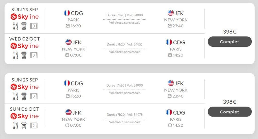 Un vol proposé sur le site. // Source : Capture d'écran Skyline Airways / Numerama Un vol proposé sur le site. // Source : Capture d'écran Skyline Airways / Numerama
