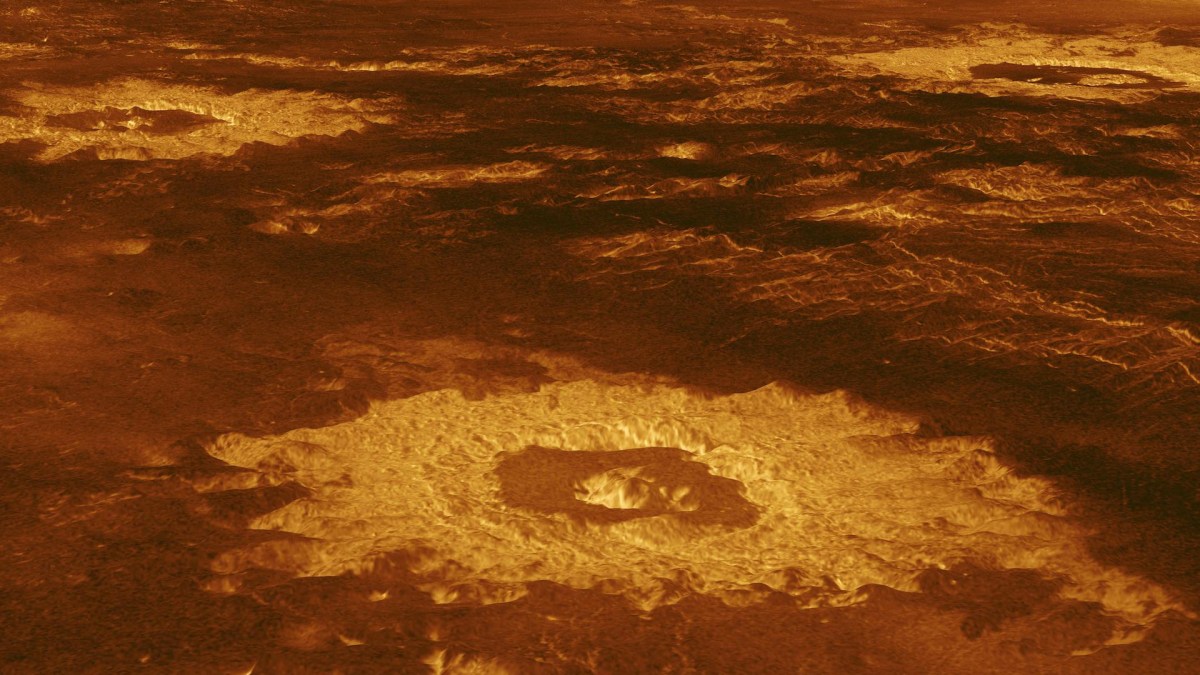Un cratère à la surface de Vénus. // Source : NASA/JPL (photo recadrée) Un cratère à la surface de Vénus. // Source : NASA/JPL (photo recadrée)