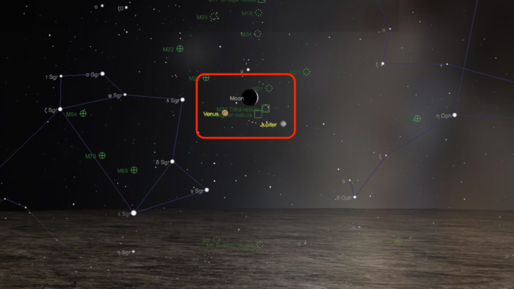 Le trio formé par la Lune, Vénus et Jupiter, vu de Paris le 28 novembre 2019 à 17h40. // Source : Capture d'écran The Sky Live, annotations Numerama Le trio formé par la Lune, Vénus et Jupiter, vu de Paris le 28 novembre 2019 à 17h40. // Source : Capture d'écran The Sky Live, annotations Numerama