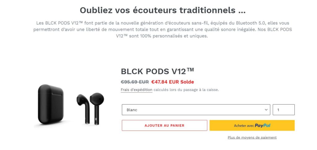 Les mêmes écouteurs sont vendus sur plusieurs sites. // Source : Capture d'écran blckpods / Numerama