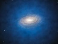 Le halo bleu qui entoure ici la Voie lactée est une vue d'artiste de la répartition de matière noire entournant notre galaxie. // Source : ESO/L. Calçada