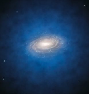 Le halo bleu qui entoure ici la Voie lactée est une vue d'artiste de la répartition de matière noire entournant notre galaxie. // Source : ESO/L. Calçada Le halo bleu qui entoure ici la Voie lactée est une vue d'artiste de la répartition de matière noire entournant notre galaxie. // Source : ESO/L. Calçada