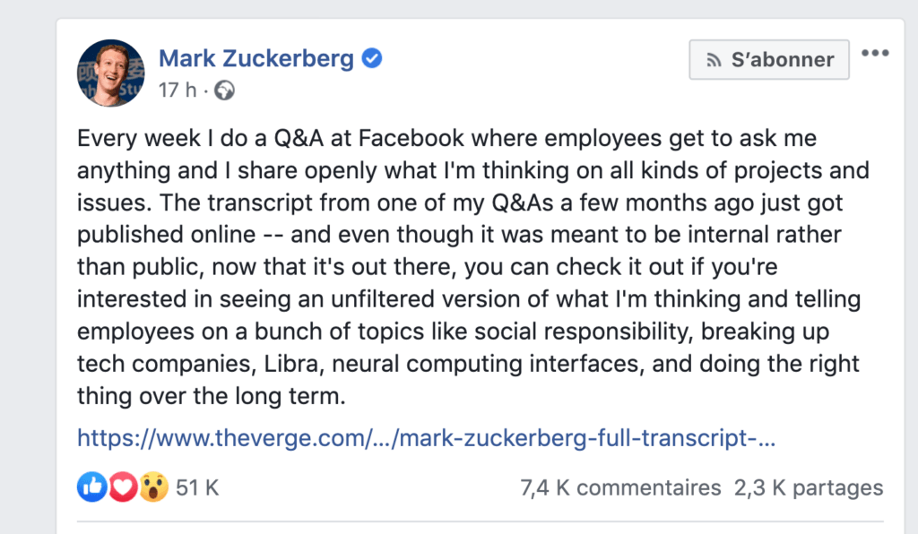 Message de Mark Zuckerberg le 1er octobre 2019 // Source : Facebook Message de Mark Zuckerberg le 1er octobre 2019 // Source : Facebook