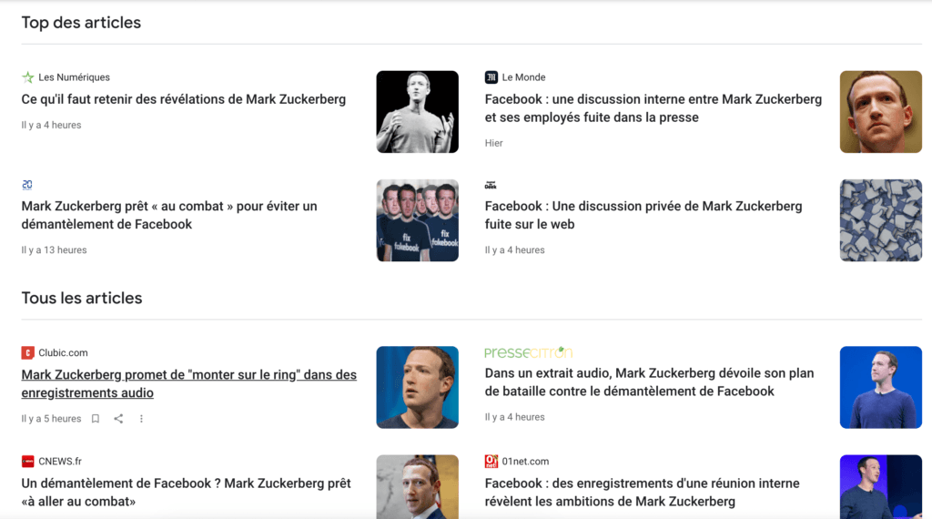 Capture d'écran de Google Actualité avec une recherche Mark Zuckerberg + "voir la couverture complète" // Source : Google News Capture d'écran de Google Actualité avec une recherche Mark Zuckerberg + "voir la couverture complète" // Source : Google News