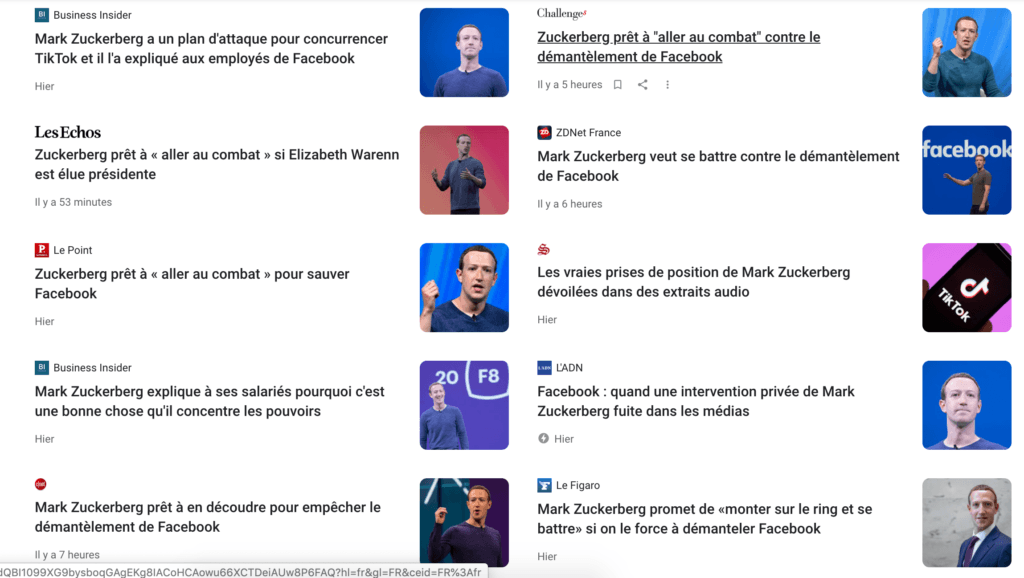 Capture d'écran de Google Actualité avec une recherche Mark Zuckerberg + "voir la couverture complète" // Source : Google News Capture d'écran de Google Actualité avec une recherche Mark Zuckerberg + "voir la couverture complète" // Source : Google News