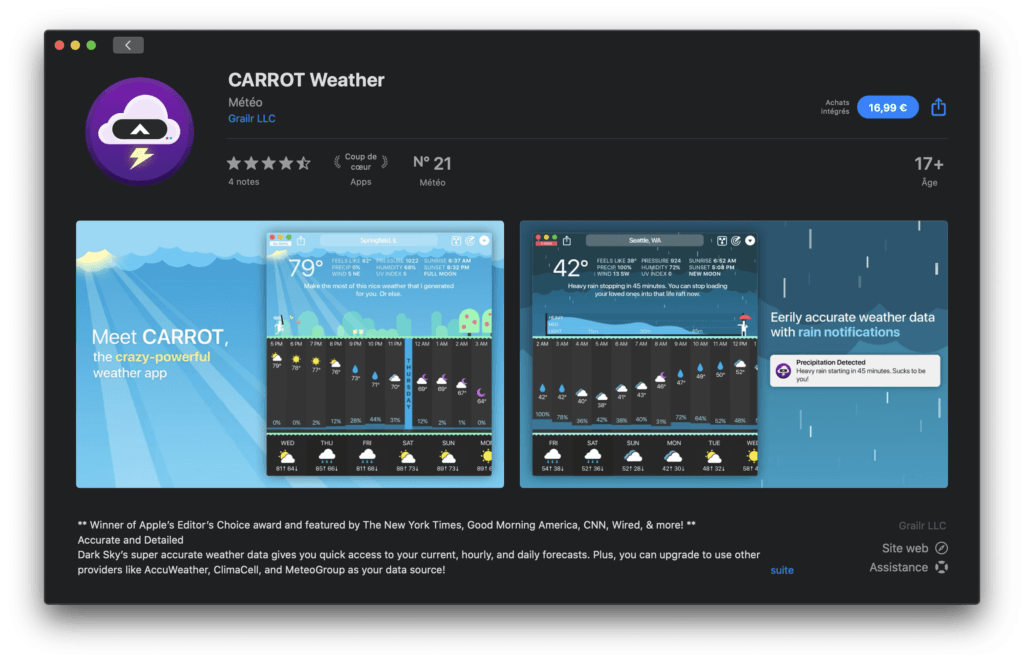Sur iOS, l'app Carrot que nous possédons coûte 5,49 €. Elle coûte 3 fois ce prix sur macOS. // Source : Capture d'écran Numerama Sur iOS, l'app Carrot que nous possédons coûte 5,49 €. Elle coûte 3 fois ce prix sur macOS. // Source : Capture d'écran Numerama