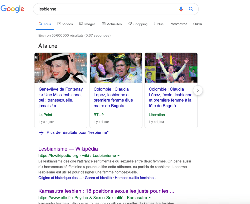Le mot "lesbienne" dans Google le 30 octobre 2019 Le mot "lesbienne" dans Google le 30 octobre 2019