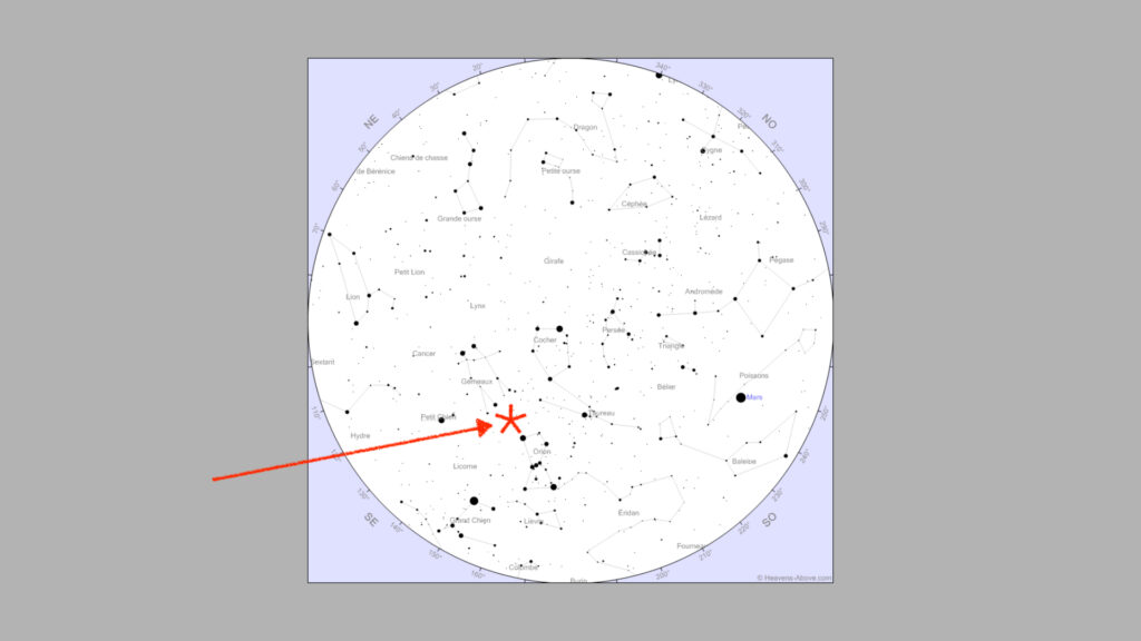 Position du radiant des Orionides. Ciel vu de Paris le 21 octobre 2020 à 4h45. // Source : Capture d'écran Heavens Above, annotations Numerama Position du radiant des Orionides. Ciel vu de Paris le 21 octobre 2020 à 4h45. // Source : Capture d'écran Heavens Above, annotations Numerama