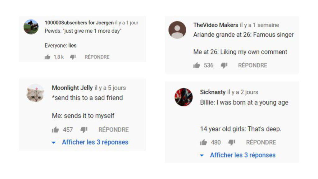 Des commentaires publiés sous des vidéos YouTube. // Source : Captures d'écran YouTube / Numerama Des commentaires publiés sous des vidéos YouTube. // Source : Captures d'écran YouTube / Numerama