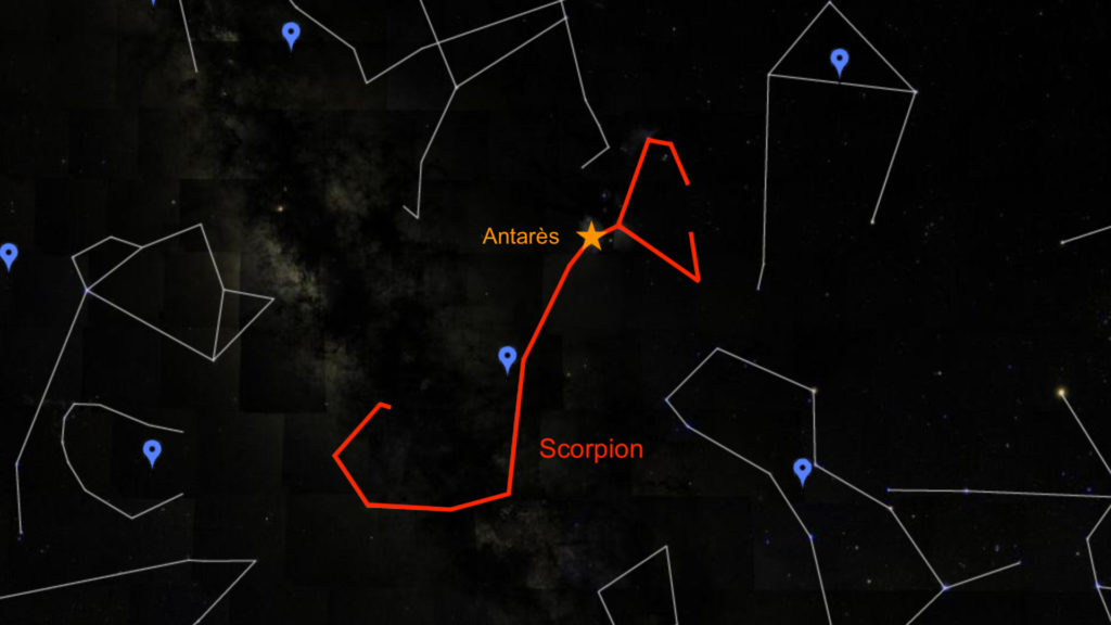 La constellation du Scorpion se repère à l'aide de son étoile Antarès. // Source : Capture d'écran Google Sky, annotations Numerama La constellation du Scorpion se repère à l'aide de son étoile Antarès. // Source : Capture d'écran Google Sky, annotations Numerama