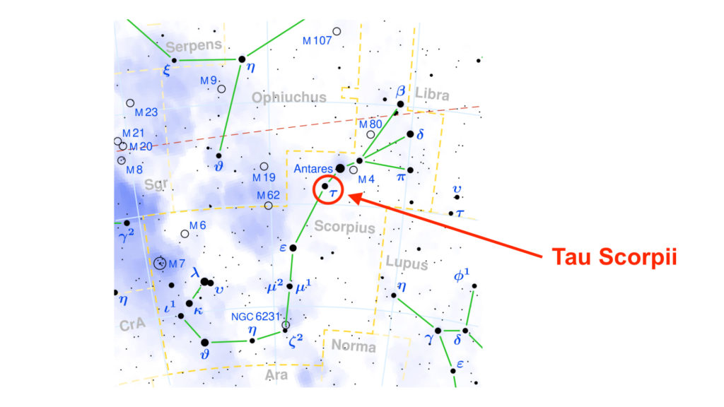 La position de l'étoile Tau Scorpii, dans la constellation du Scorpion. // Source : Wikimedia/CC/Torsten Bronger, Kxx (modifications et annotations Numerama) La position de l'étoile Tau Scorpii, dans la constellation du Scorpion. // Source : Wikimedia/CC/Torsten Bronger, Kxx (modifications et annotations Numerama)