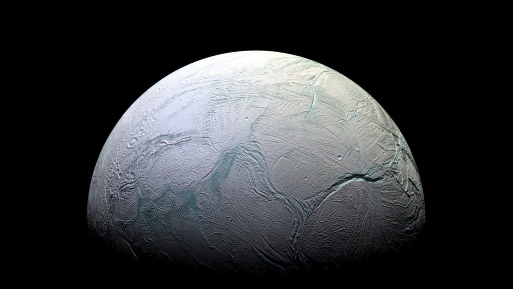 Image d'Encelade, lune de Saturne, prise par la sonde Cassini. // Source : NASA/JPL-Caltech Image d'Encelade, lune de Saturne, prise par la sonde Cassini. // Source : NASA/JPL-Caltech