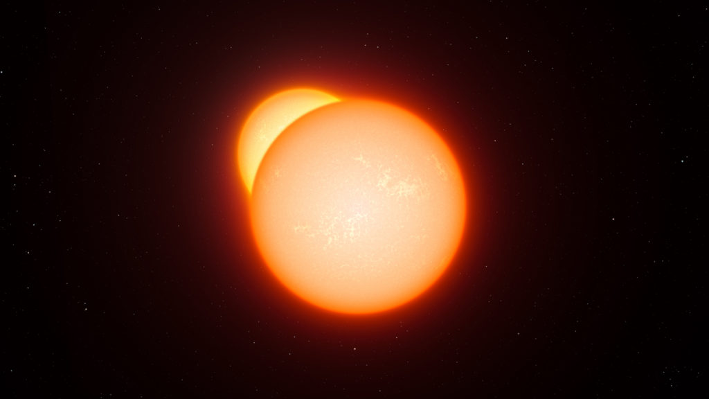 Une représentation d'un système binaire. // Source : ESO/L. Calçada (photo recadrée) Une représentation d'un système binaire. // Source : ESO/L. Calçada (photo recadrée)