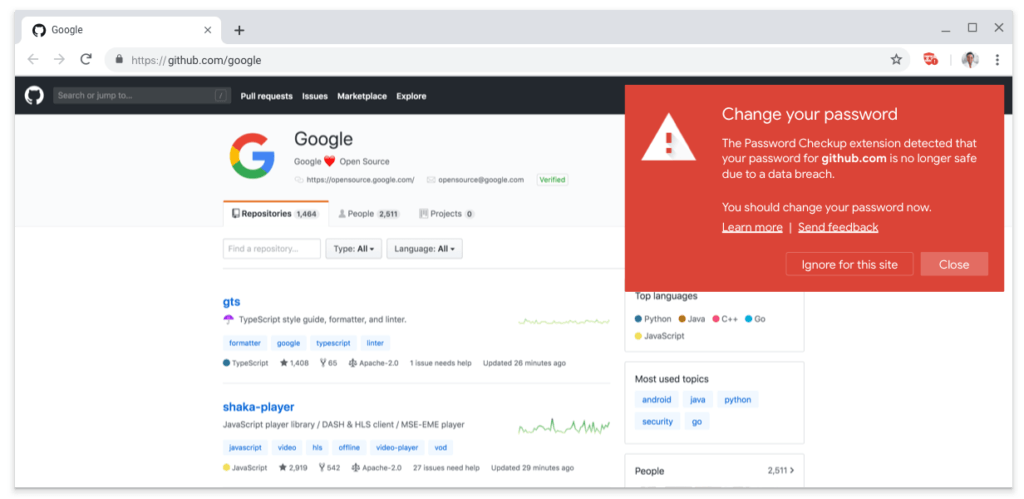 L'avertissement que propose l'extension Password Checkup. // Source : Google L'avertissement que propose l'extension Password Checkup. // Source : Google