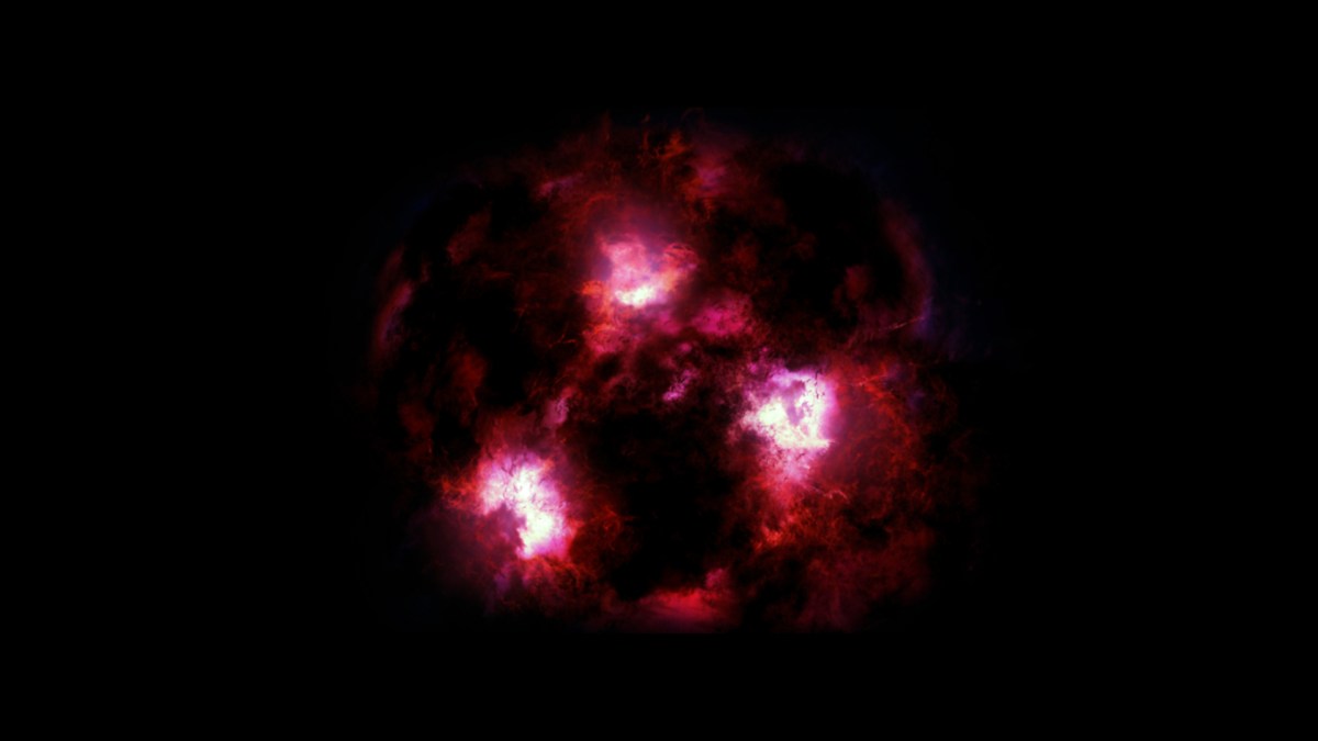 Une représentation de cette galaxie massive découverte. // Source : James Josephides/Christina Williams/Ivo Labbe (photo recardée et modifiée) Une représentation de cette galaxie massive découverte. // Source : James Josephides/Christina Williams/Ivo Labbe (photo recardée et modifiée)