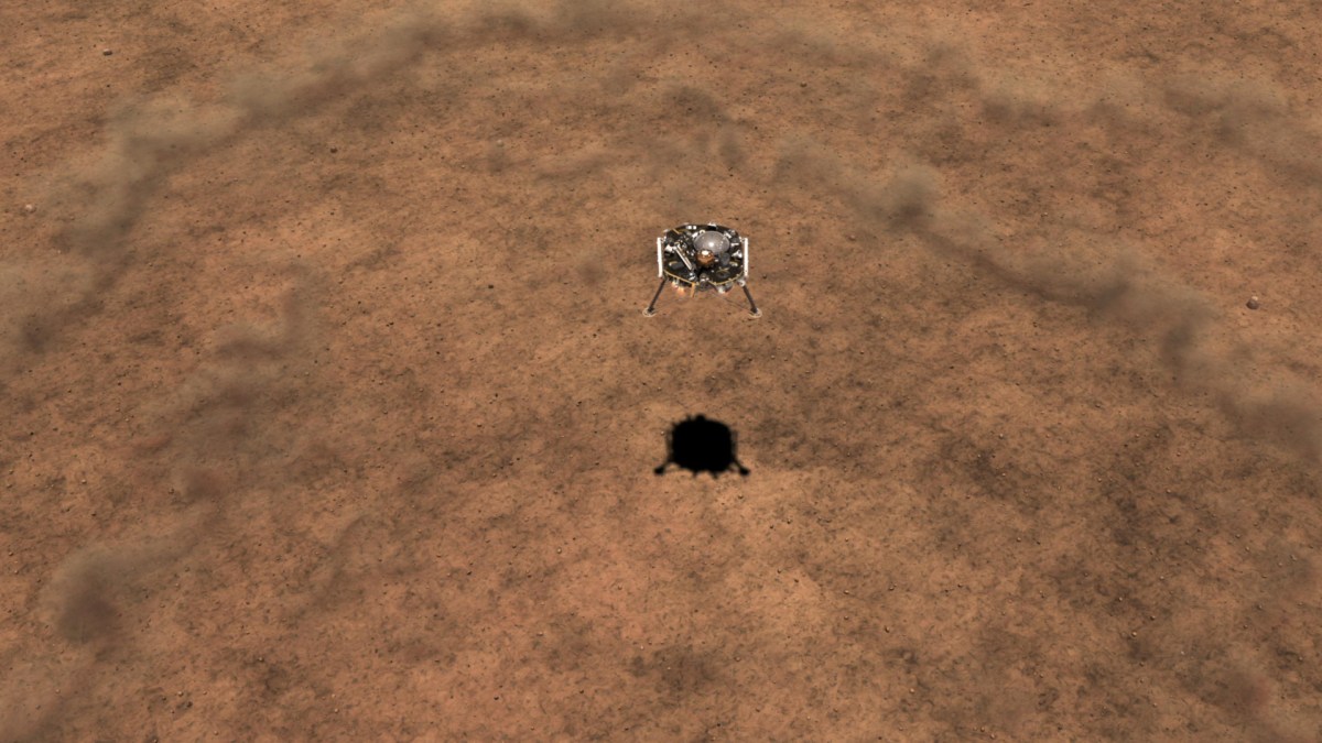 InSight en train de se poser sur Mars (vue d'artiste). // Source : NASA/JPL-Caltech (photo recadrée) InSight en train de se poser sur Mars (vue d'artiste). // Source : NASA/JPL-Caltech (photo recadrée)